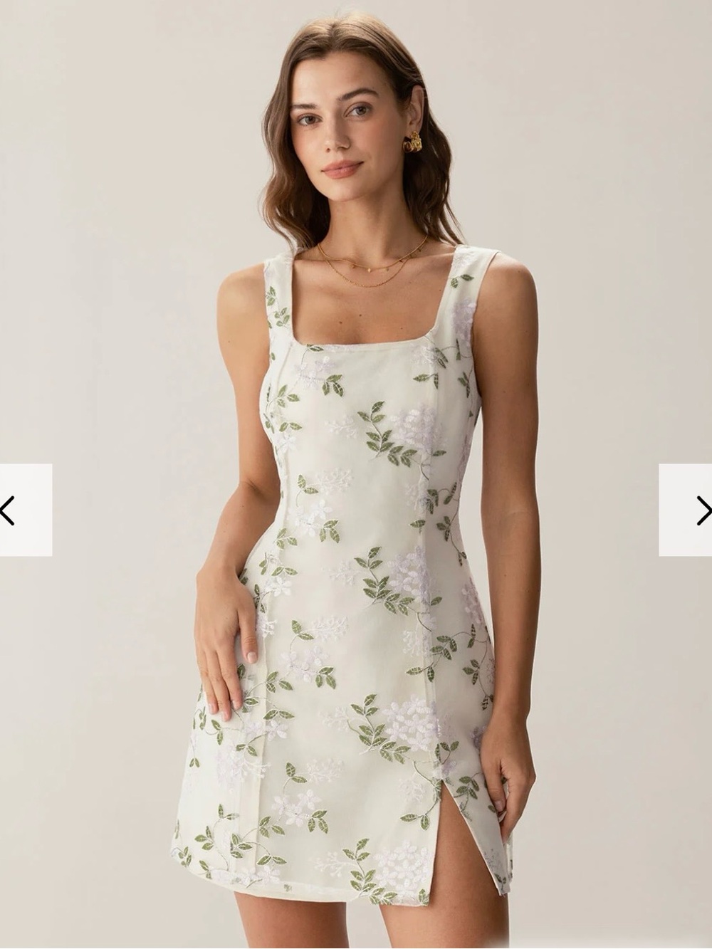 RIHOAS Beige Square Neck Embroidery Slit Slip Mini Dress